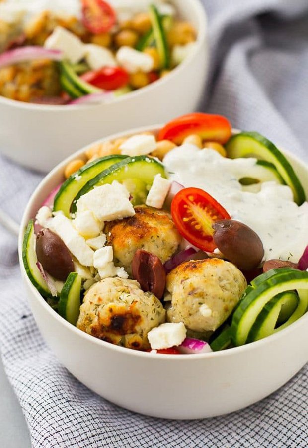 High Protein Low Carb Recipes: Greek Cucumber Noodle Bowl with Meatballs